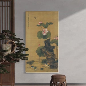 Lotus and Yuenyeung, Chinese antique meticulous lotus pond painting replica, East Asian minimal bird-and-flower art print, 明 陈洪绶 荷花鸳鸯