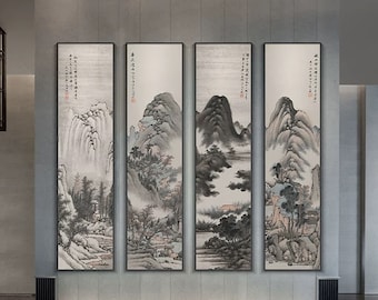 Set of 4, long narrow vertical Chinese antique landscape art, Shan shui giclee print silk hanging scroll, Chinese brush painting replica