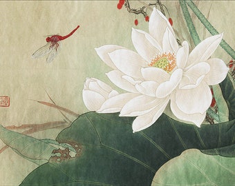 白い蓮の花と赤いトンボの細心の絵画、HDプリント、中国の水彩画の蓮の