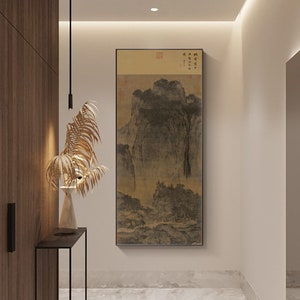 Travelers among Mountains and Streams by Fan Kuan, (谿山行旅圖 范宽), Song dynasty antique art replica, silk print, handcrafted hanging scroll