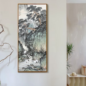 Chinese Traditional landscape painting, vertical shan shui brush painting, giclee printing, vintage Chinese art, unframed, 30x71cm image 2