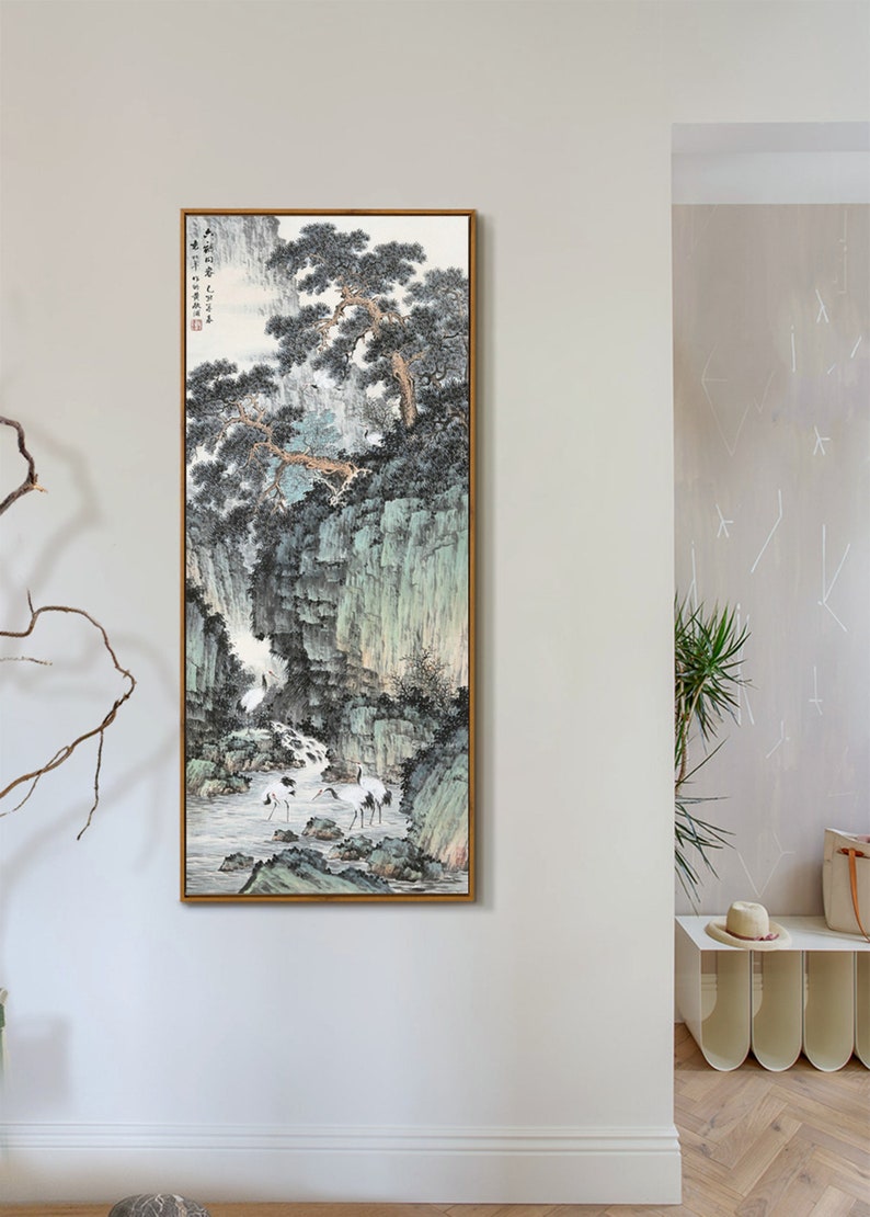 Chinese Traditional landscape painting, vertical shan shui brush painting, giclee printing, vintage Chinese art, unframed, 30x71cm image 2