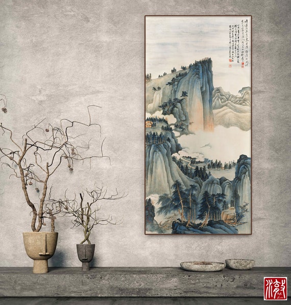 Calm Ink Blue Mountain Peaks Painting, Large Size Vertical Chinese