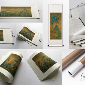 May include: A traditional Chinese scroll painting depicting a landscape scene with mountains, trees, and water. The painting is mounted on a white silk scroll and is rolled up for storage. The scroll is tied with a red ribbon and has a black wooden dowel at the top.