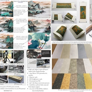 Op de afbeelding: Een close-up van een traditioneel Chinees scroll-schilderij dat een landschap met bergen, water en lotusbloemen afbeeldt. De scroll is gemonteerd op een houten stok en is klaar om opgehangen te worden. De tekst op de afbeelding luidt "Zoom in for a detailed look" en "Leechees".
