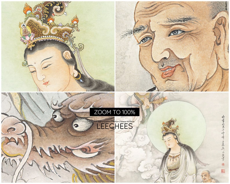 Op de afbeelding: Een traditionele Chinese kunstprint met vier figuren, waaronder een draak, een vrouw met een kroon en twee oudere mannen. De print is in een gedempte kleurenpalet van bruin, grijs en wit. De tekst "ZOOM TO 100%" en "LEECHYES" is zichtbaar in het onderste midden van de print.