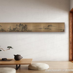 Extra-long horizontal narrow Chinese antique painting, Song dynasty/1127–1279, long scroll of miles Yangtze River silk print replica