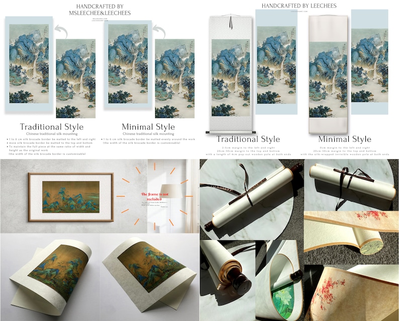 May include: A close-up of a traditional Chinese scroll painting depicting a mountain landscape with blue and green hues. The scroll is mounted in two styles: traditional and minimal. The text "The frame is not included" is visible in the image.
