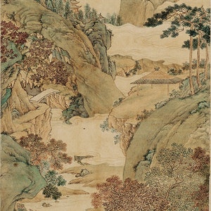 May include: A traditional Chinese landscape painting depicting a river winding through a mountainous valley. The painting is done in shades of green, brown, and white, with a single figure in a boat in the foreground. The painting is framed with a light brown mat and a dark brown frame.