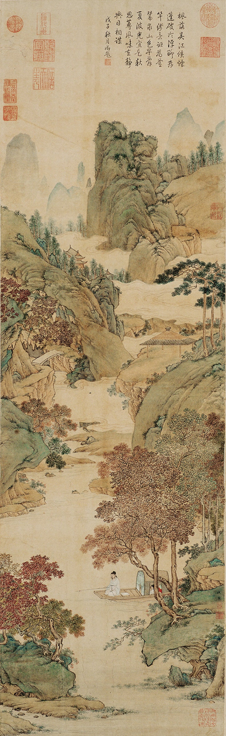 May include: A traditional Chinese landscape painting depicting a river winding through a mountainous valley. The painting is done in shades of green, brown, and white, with a single figure in a boat in the foreground. The painting is framed with a light brown mat and a dark brown frame.