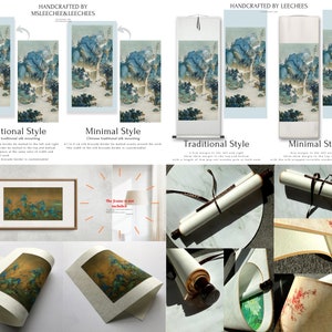 May include: A close-up of a traditional Chinese scroll painting depicting a mountain landscape with blue and green hues. The scroll is mounted in two styles: traditional and minimal. The text "The frame is not included" is visible in the image.