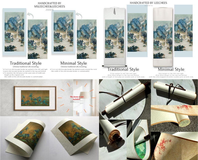 May include: A close-up of a traditional Chinese scroll painting depicting a mountain landscape with blue and green hues. The scroll is mounted in two styles: traditional and minimal. The text "The frame is not included" is visible in the image.