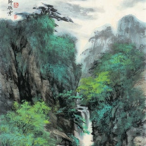 May include: A traditional Chinese ink and wash painting depicting a waterfall cascading down a mountainside. Lush green trees and rocky cliffs frame the scene, with wispy clouds adding a sense of depth and tranquility.