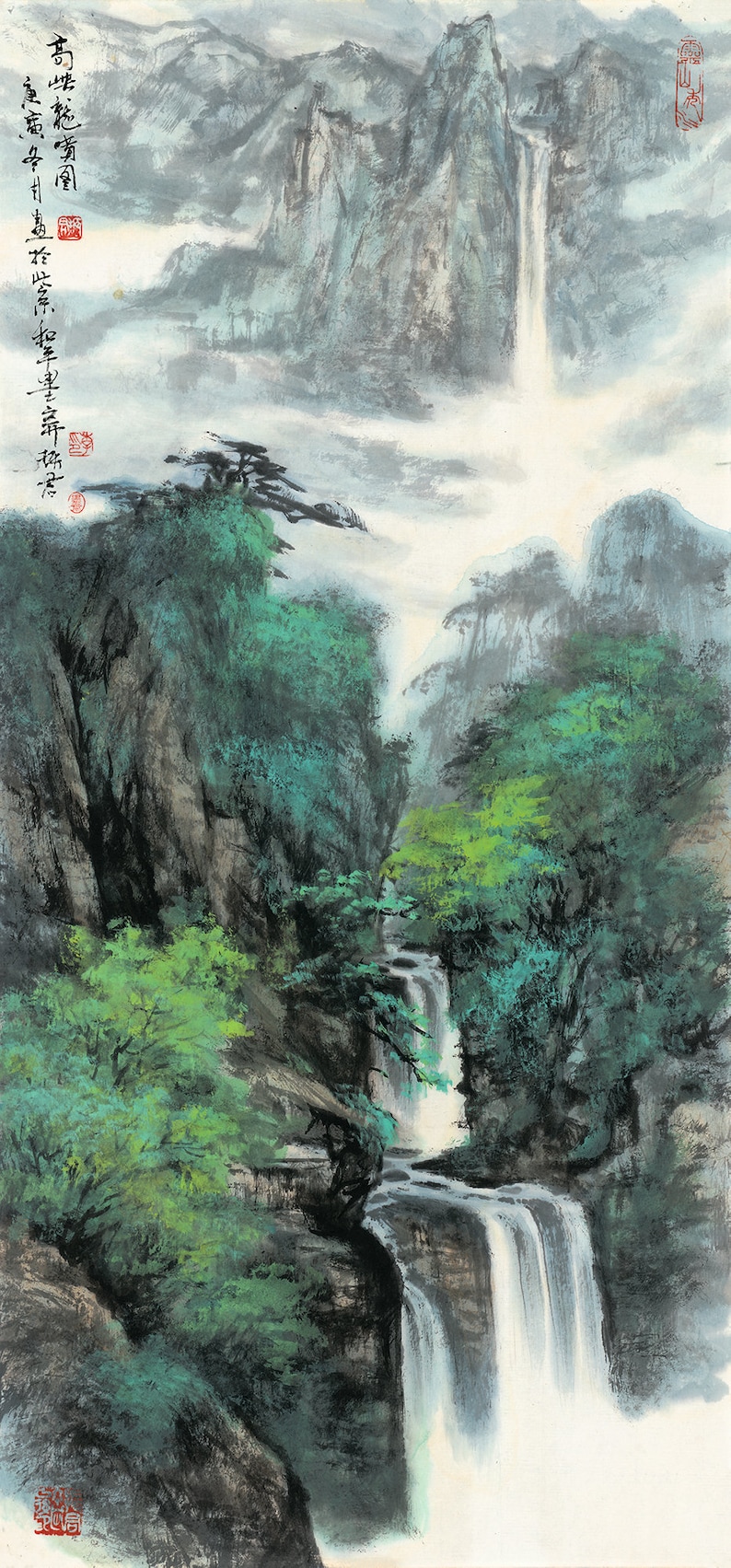 May include: A traditional Chinese ink and wash painting depicting a waterfall cascading down a mountainside. Lush green trees and rocky cliffs frame the scene, with wispy clouds adding a sense of depth and tranquility.