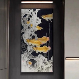 アロワナ風水プリント カラフルなアロワナの壁アート ゴールデン