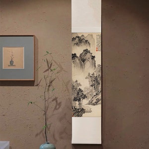 East Asian Retro style wall hanging, Chinese classic silk hanging scroll, Shan shui painting, by Wen Zhengming, Fine art Silk print 80X28cm