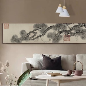 Pine tree shade, brush painting art print, retro horizontal narrow handmade beige Xuan paper art print, minimal pine leaves wall art decor