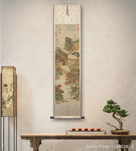 Fishing by the maple creek, Ming Dynasty, Qiu Ying, 明 仇英 楓溪垂釣圖軸, Chinese antique landscape painting giclee print, long vertical silk print