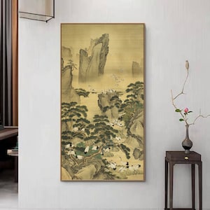 Hundred cranes art, East Asian retro style Chinese cranes painting giclee print, Pine tree and red crowned cranes, meticulous fine art print