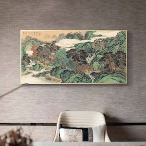Chinese Traditional landscape painting, unframed giclee print, large horizontal Shan shui painting, antique taste Chinese wall art, 134X67