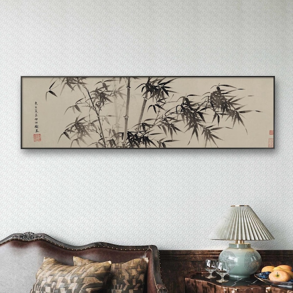 Long horizontal narrow bamboo art print, Chinese antique Bamboo painting replica, minimal bamboo banner wall art, handcrafted scroll hanging