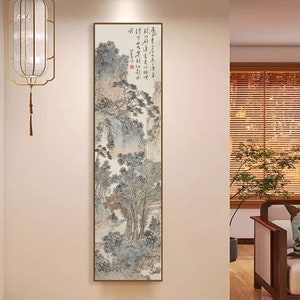 Chinese ancient landscape painting replica, silk print, handcrafted silk hanging scroll, East Asian antique art, High mountain and tall tree