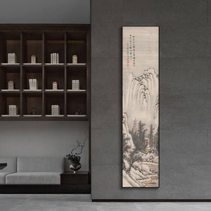 Ancient tower and mountain art,  by Ming Jian, Chinese Shan shui painting replica, minimal style vertical narrow landscape art print 明儉 山水