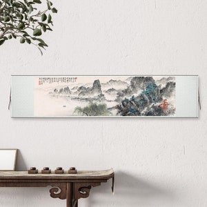 Extra large horizontal narrow Shan shui painting, West lake landscape, Chinese brush painting , long scroll landscape art above sofa 借問西湖 image 4