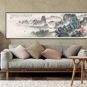 Extra large horizontal narrow Shan shui painting, West lake landscape, Chinese brush painting , long scroll landscape art above sofa 借問西湖 image 2