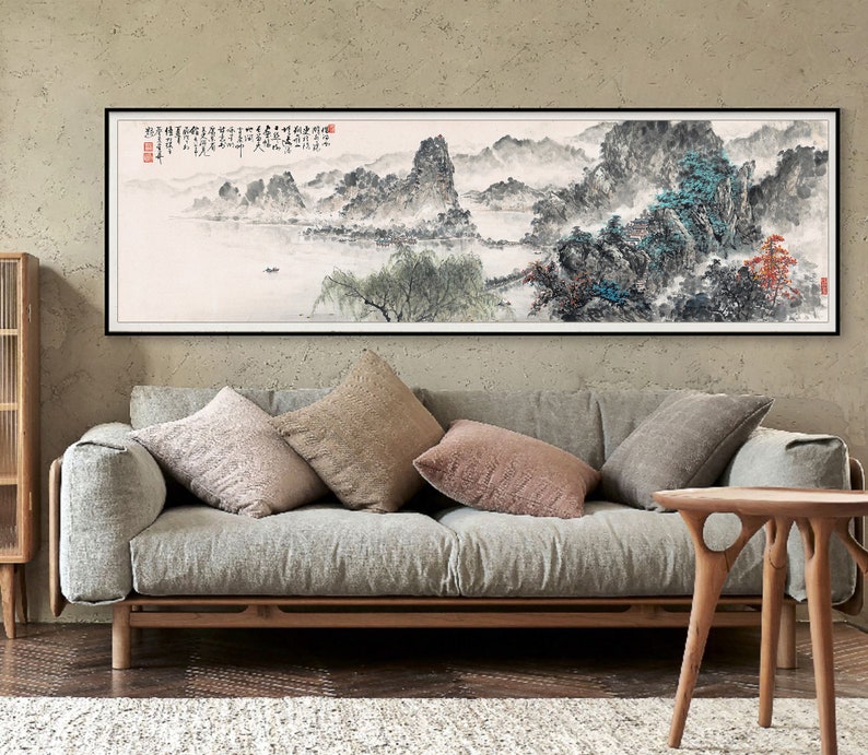 Extra large horizontal narrow Shan shui painting, West lake landscape, Chinese brush painting , long scroll landscape art above sofa 借問西湖 image 2