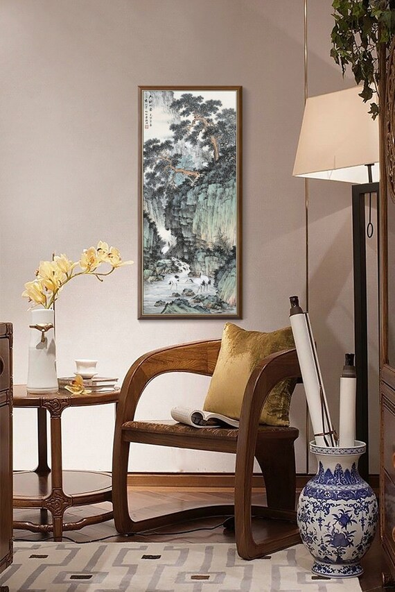 Chinese Traditional  landscape painting, vertical shan shui brush painting, giclee printing, vintage Chinese art, unframed, 30x71cm