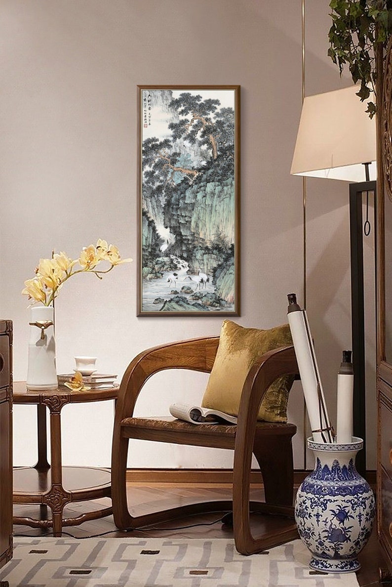 Chinese Traditional landscape painting, vertical shan shui brush painting, giclee printing, vintage Chinese art, unframed, 30x71cm image 1