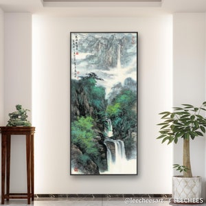 Misty mountain and waterfall, Chinese wall art décor, ultra large vertical Shan shui painting, art replica, fine art print, nature scenery