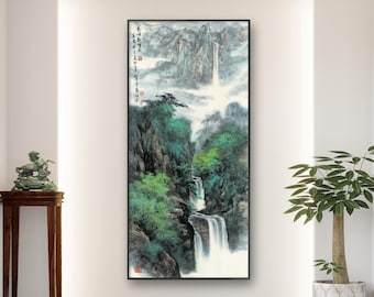 Misty mountain and waterfall, Chinese wall art décor, ultra large vertical Shan shui painting, art replica, fine art print, nature scenery