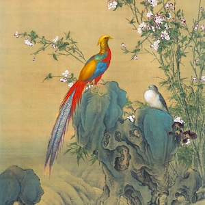 Op de afbeelding: Een schilderij van een gouden fazant die op een rots zit, met een witte vogel ernaast. De fazant heeft een lange, kleurrijke staart en wordt omringd door een bloeiende boom met witte bloemen.