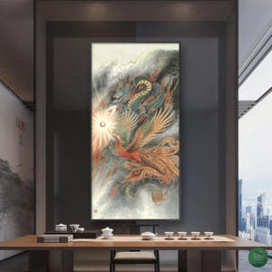 Dragon and Phoenix Chinese Art – Symbol of Harmony and Prosperity, Giclée Art Reproduction, Extra Large Vertical Feng Shui Wall Art