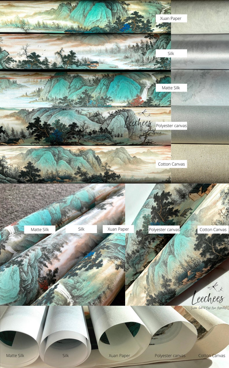 May include: Close-up of rolled canvas prints with different textures, including Xuan paper, silk, matte silk, cotton canvas, and polyester canvas. The prints feature a traditional Chinese landscape painting with mountains, water, and trees in shades of blue, green, and brown.