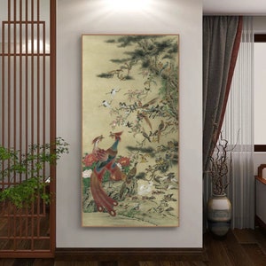 A Hundred Birds Paying Homage to Phoenix, Chinese meticulous painting, East Asian fine art print, Auspicious Feng Shui Decorative wall art