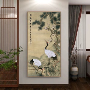Pine, Crane, Longevity, an auspicious crane art hanging scroll, archival art print, Gongbi red crowned cranes, Chinese traditional gift