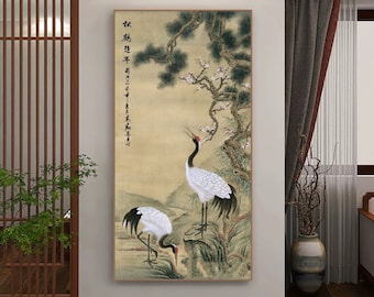 Pine, Crane, Longevity, an auspicious crane art hanging scroll, archival art print, Gongbi red crowned cranes, Chinese traditional gift