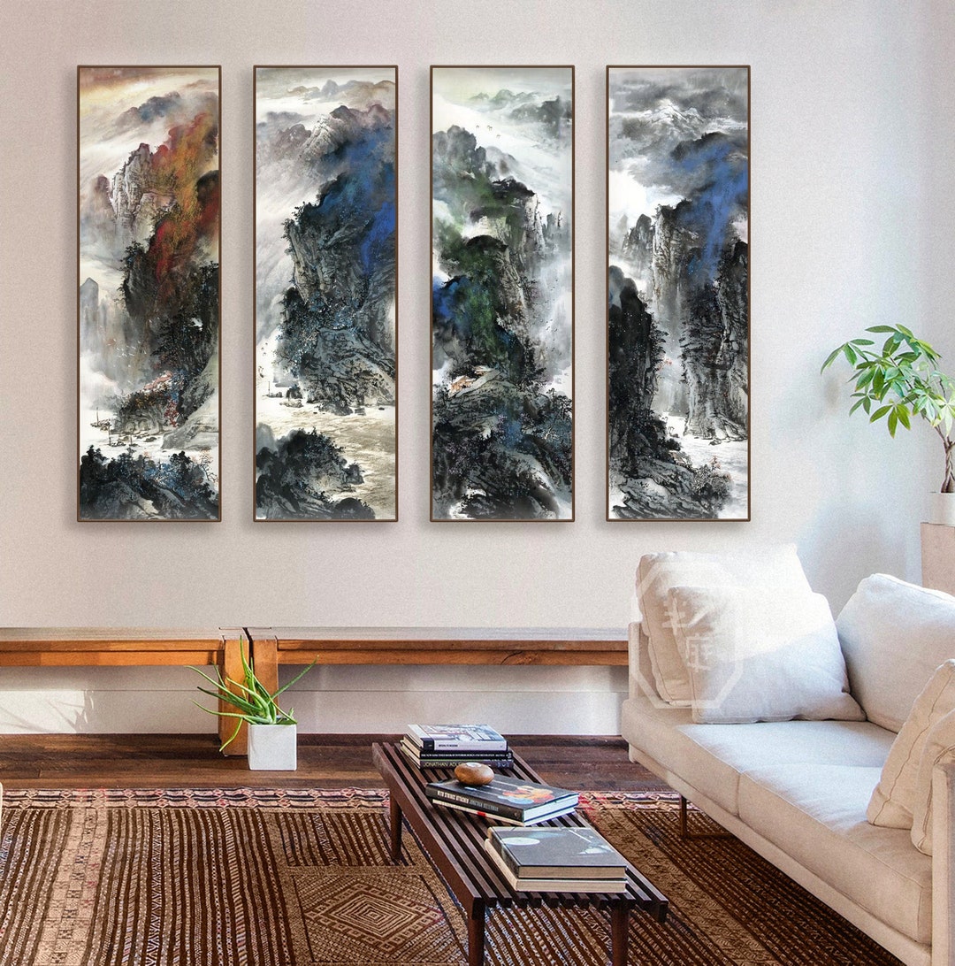 Set of 4 Vertical Narrow Mountain Art, Abstract Ink Wash Painting ...