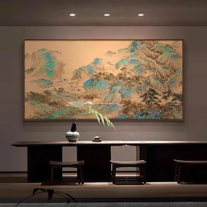 Misty Mountain Landscape Wall Art, Large Horizontal Giclée Print, Fine Brush Painting Style, Serene Nature Scene for Living Room or Office