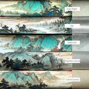 May include: A comparison of different canvas and paper textures for art prints. The image shows a traditional Chinese landscape painting printed on Xuan paper, silk, matte silk, polyester canvas, and cotton canvas.