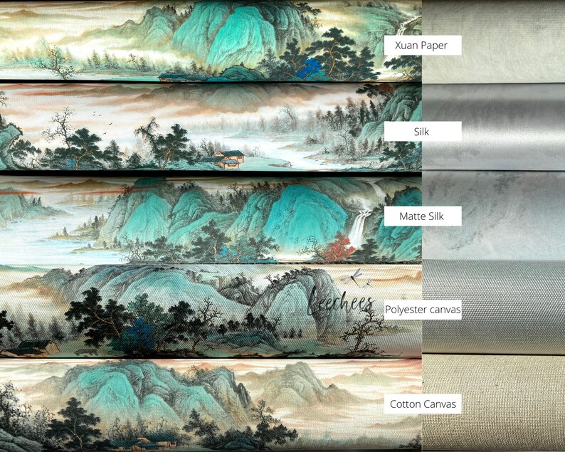 May include: A comparison of different canvas and paper textures for art prints. The image shows a traditional Chinese landscape painting printed on Xuan paper, silk, matte silk, polyester canvas, and cotton canvas.