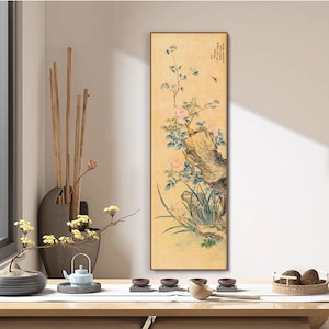 Orchid, Roses and Stone brush painting, Vintage retro Chinese wall hanging, ancient art replica, silk hanging scroll, giclee silk print