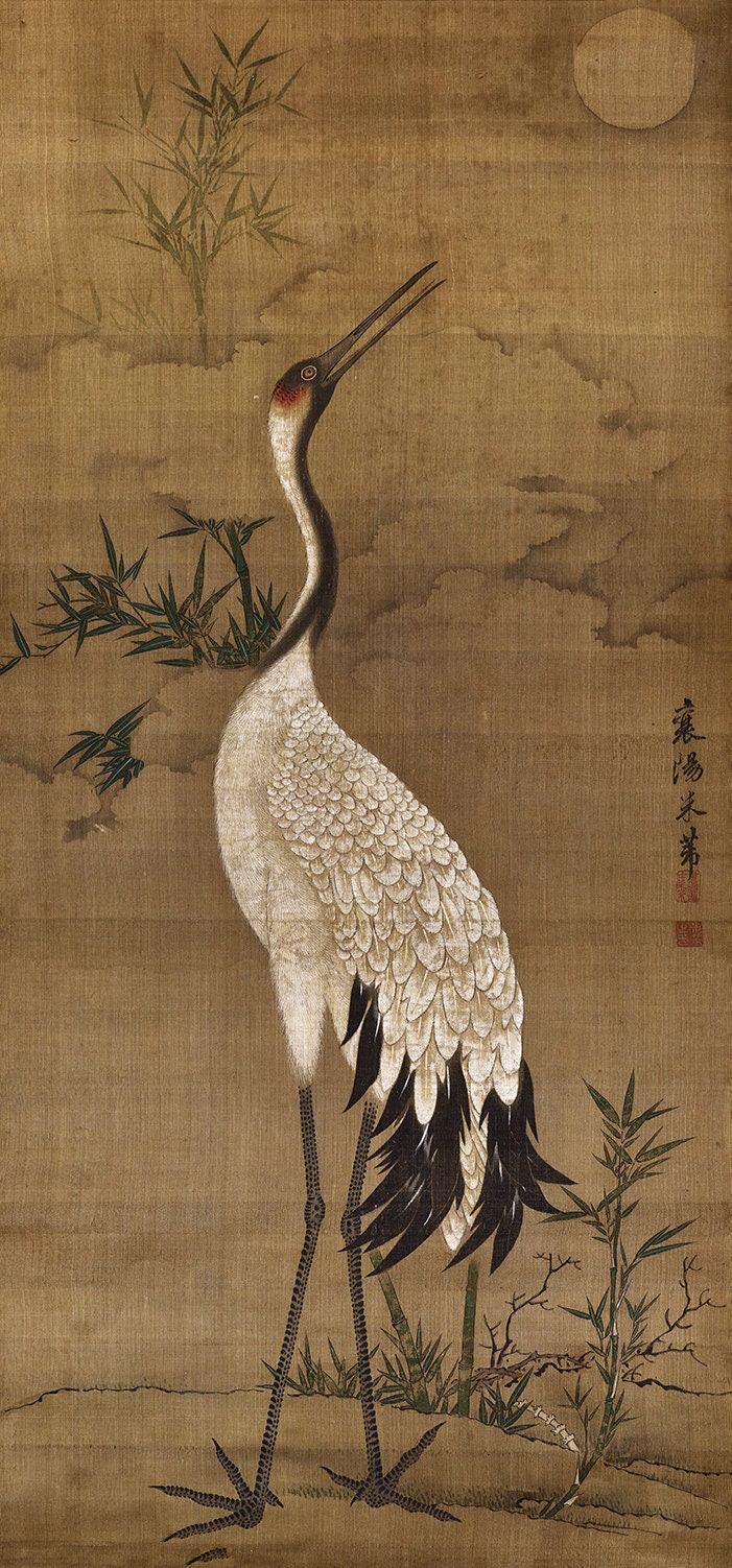 Chinese Antique Red-crowned Crane Painting Replica, East