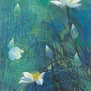May include: A watercolor painting of white lotus flowers in various stages of bloom, with green and blue foliage in the background.