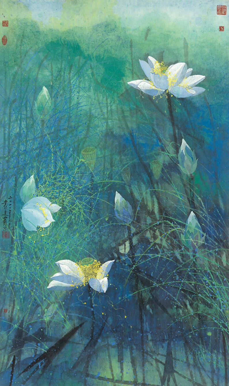May include: A watercolor painting of white lotus flowers in various stages of bloom, with green and blue foliage in the background.