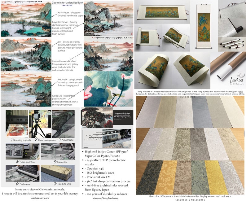 May include: A close-up of a traditional Chinese scroll painting depicting a landscape with mountains, water, and lotus flowers. The scroll is mounted on a wooden dowel and is ready to be hung. The text on the image reads "Zoom in for a detailed look" and "Leechees".
