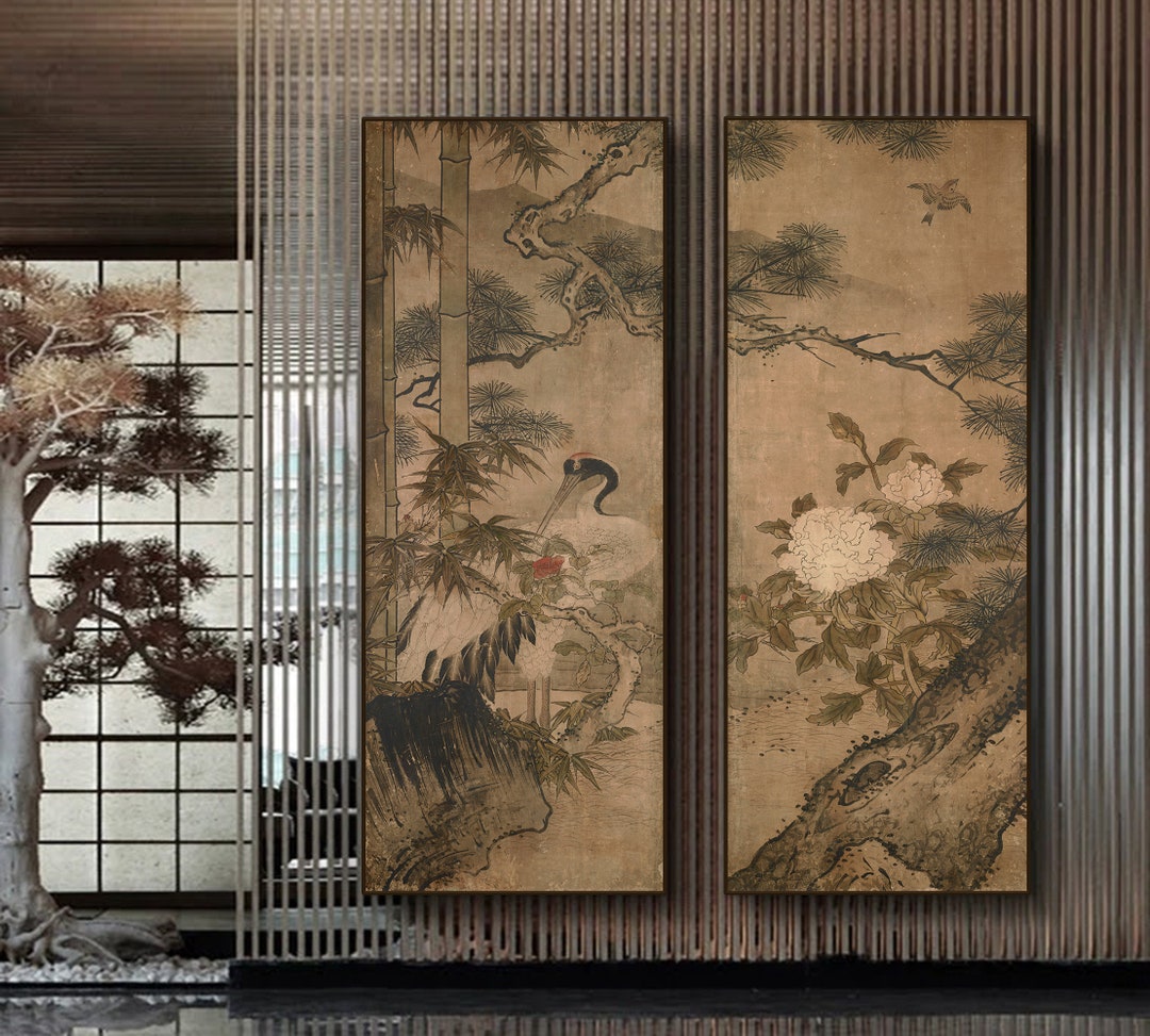 Japanese Art, Set of 2, Birdandflower Painting, Japanese Red Crowned